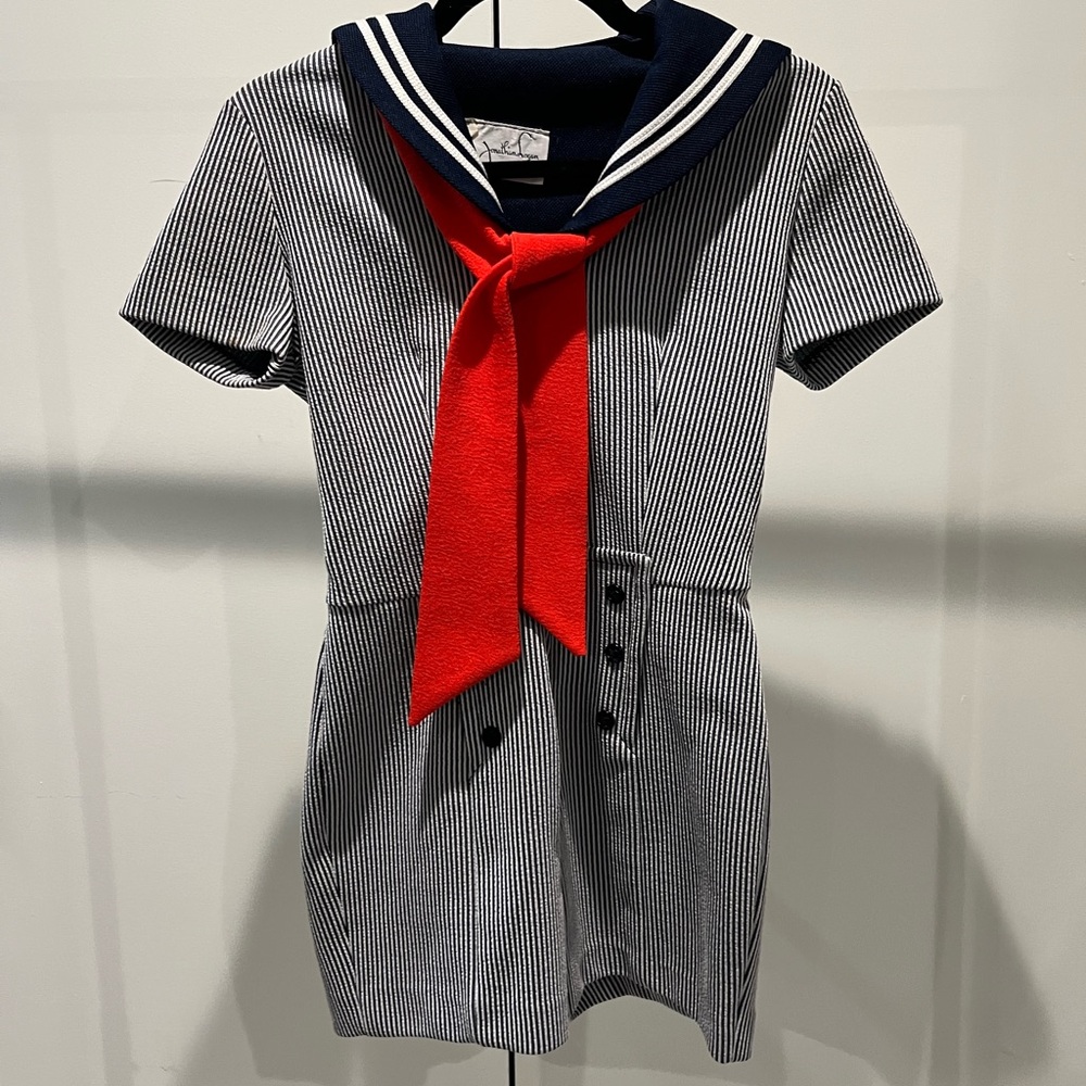 Nautical Navy and White Striped Dress with Red Scarf